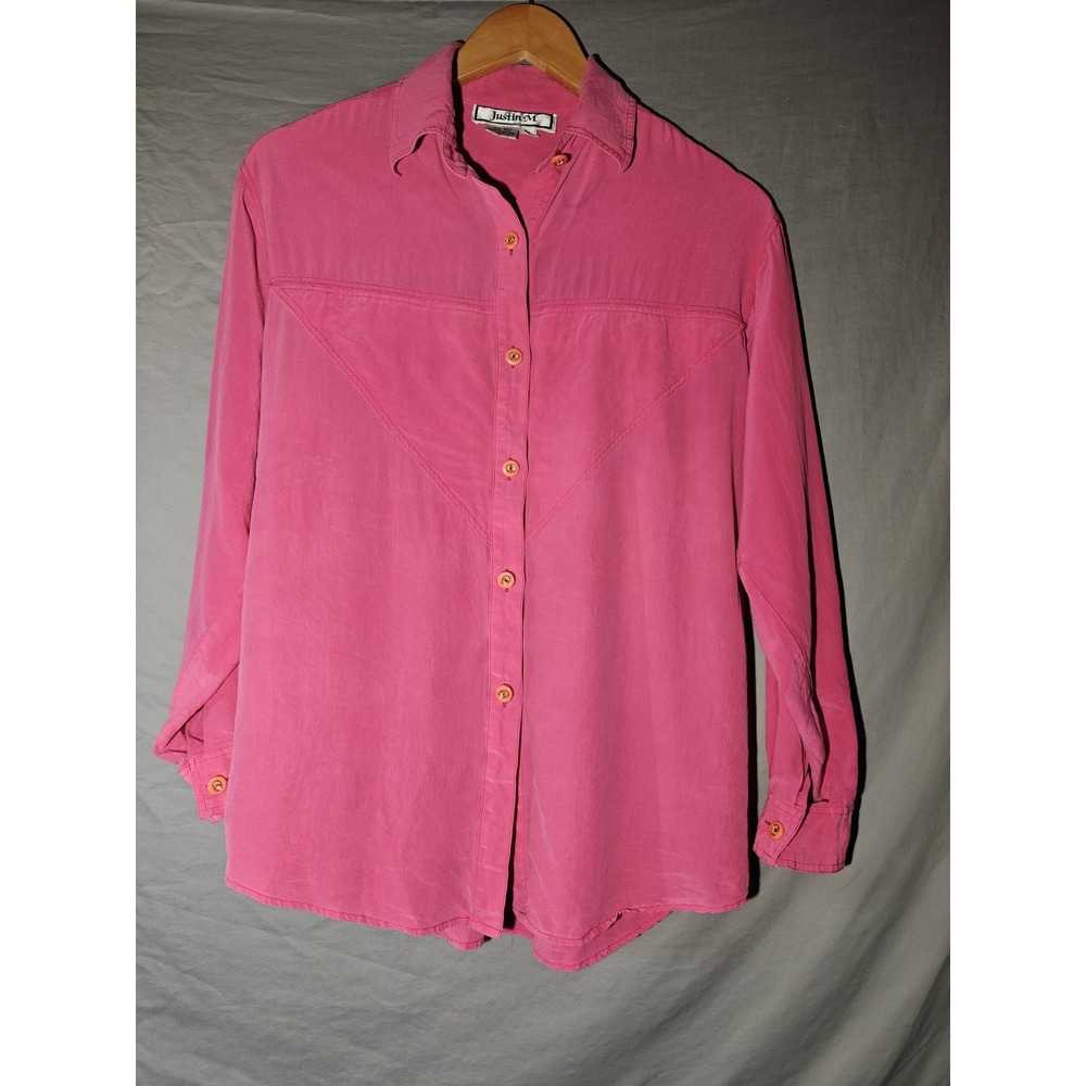 Justin M 100% Silk Pink Button Down Y2k‎ Long Sleeve Womens Shirt Hang Loop